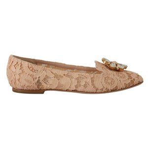 Dolce & Gabbana Beige Lace Crystal Ballet Flats Loafers Shoes